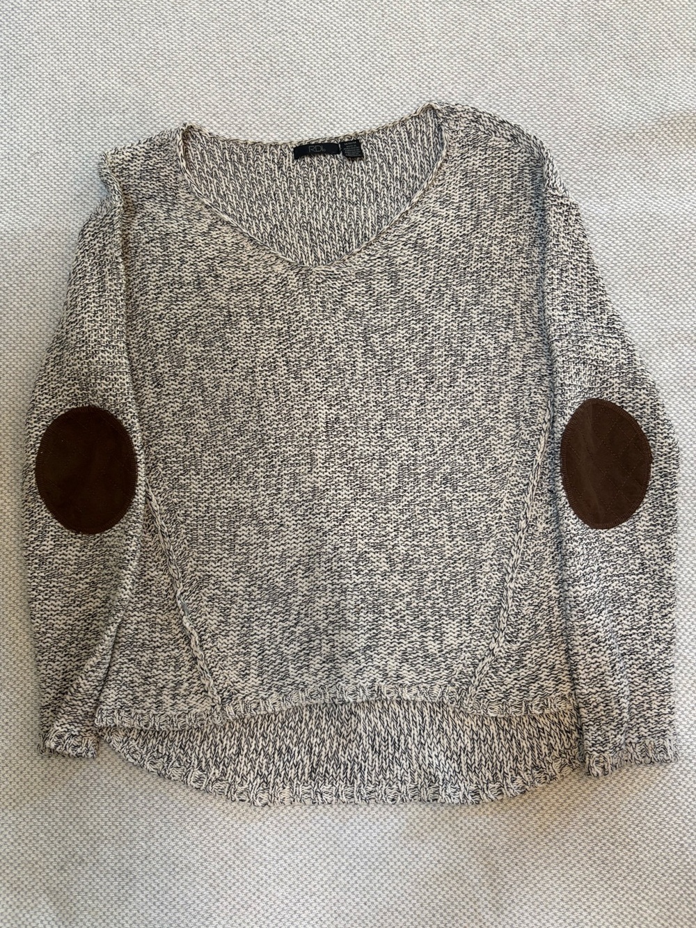RDI Style Marled Knit Sweater Brown Elbow Patches Size M
